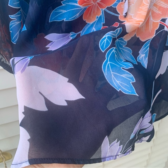 a.n.a Floral Multicolor Print Petite Blue Sheer 3/4 Sleeve Top -Size LP - Picture 6 of 10